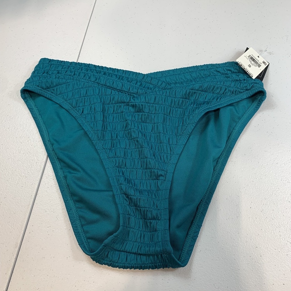 Bar III Women's Swim Bikini Bottom S Tidal Blue Textured High V Waist Beach